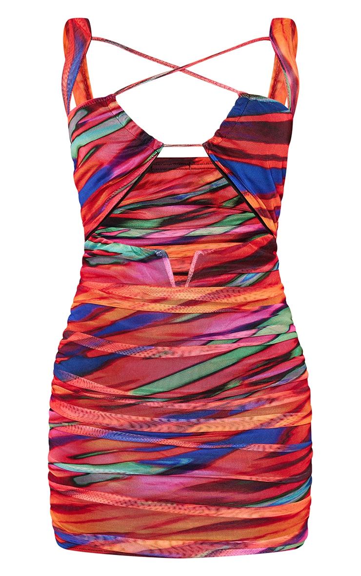 Multi Abstract Print Mesh V Bar Strappy Bodycon Dress image 1