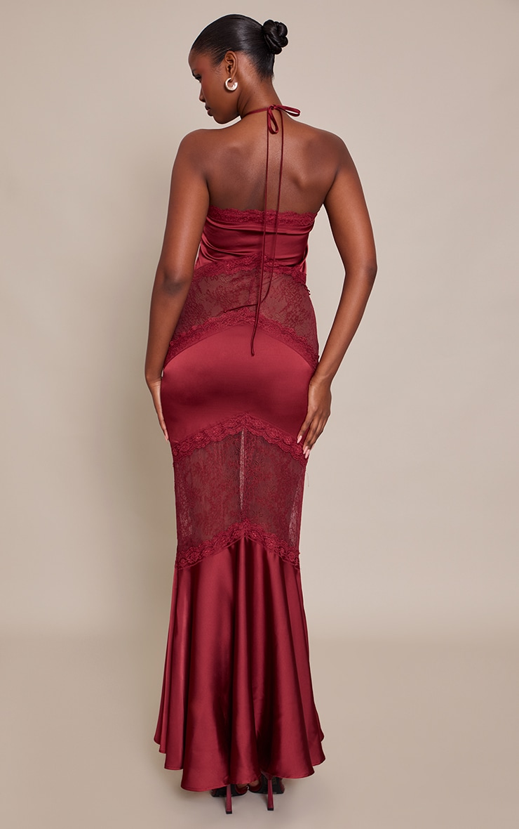 Wine Satin Halterneck Lace Maxi Dress image 2