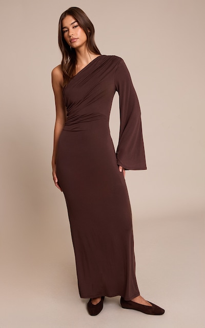 Chocolate Jersey One Shoulder Ruched Detail Maxi Dress
