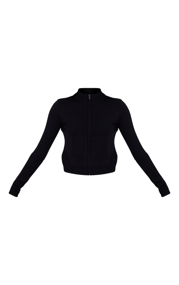 Black Fitted Zip Up Knit Cardigan Knitwear PrettyLittleThing
