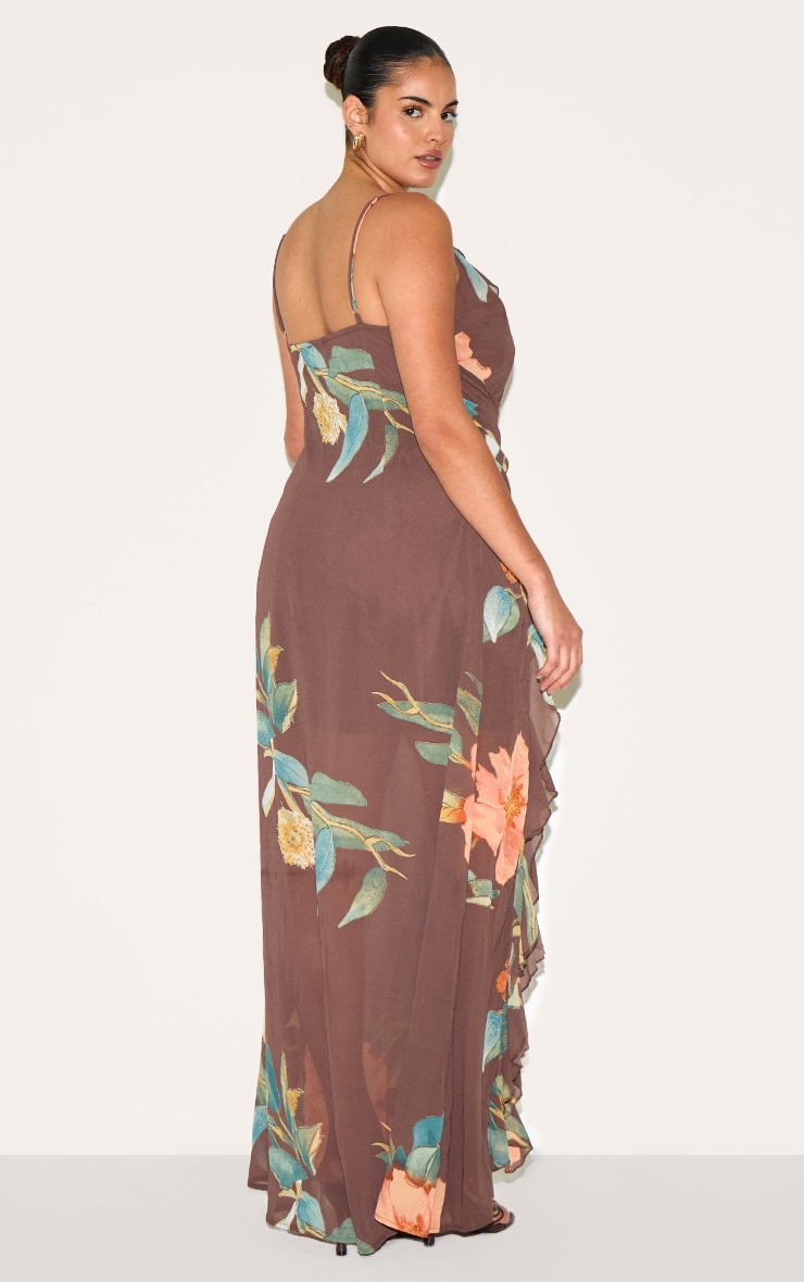 Plus Brown Floral Chiffon Frill Plunge Strappy Maxi Dress image 2