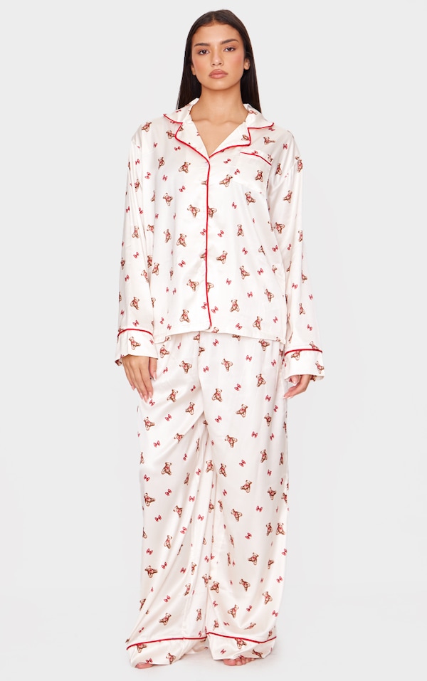 Cream Teddy Print Satin Long Pj Set