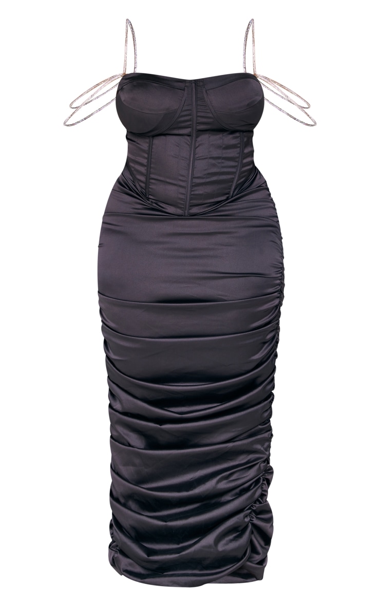 Plus Black Diamante Strap Bardot Ruched Corset Midi Dress image 1