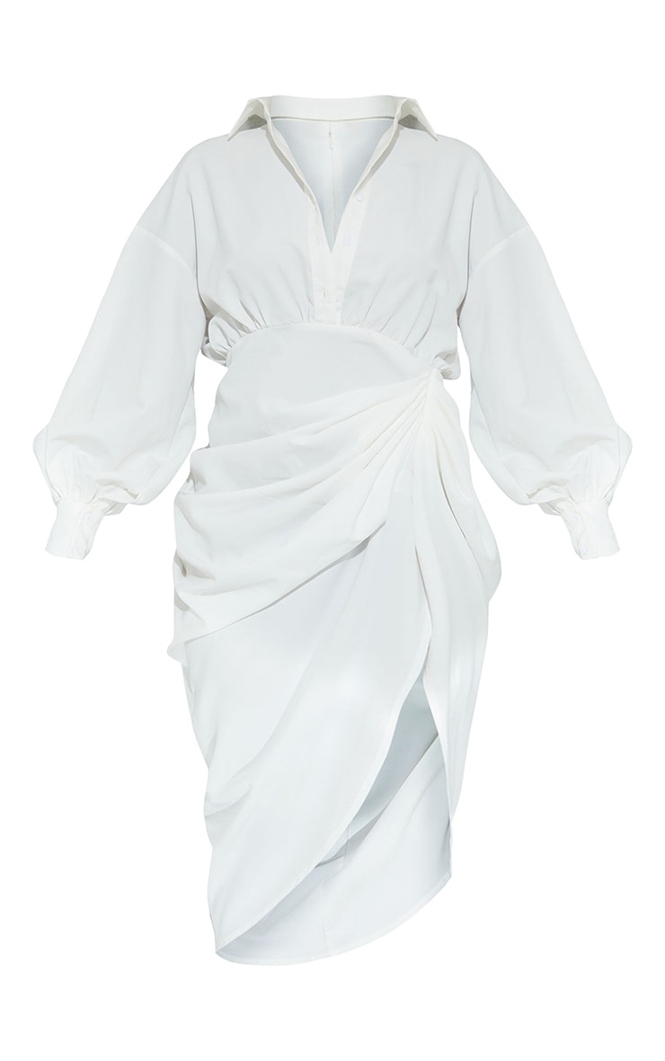 White Balloon Sleeve Gathered Skirt Midi Shirt Dress image 5