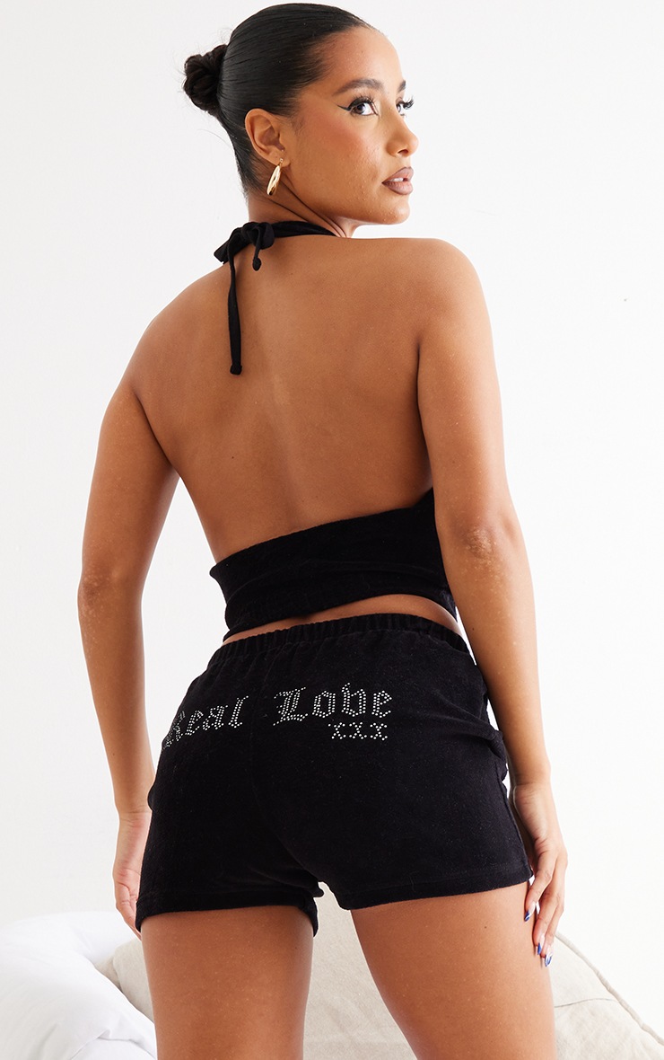 Black Real Love Diamante Velour Pj Shorts image 4