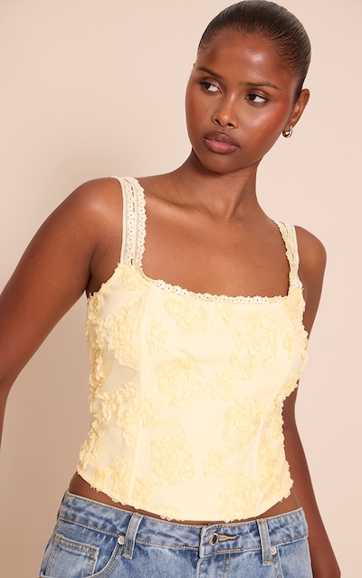 Butter Yellow Floral Textured Boned Corset