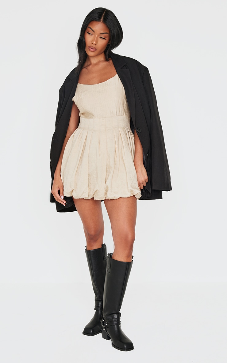 Cream Textured Buckle Strap Puffball Dress image 3