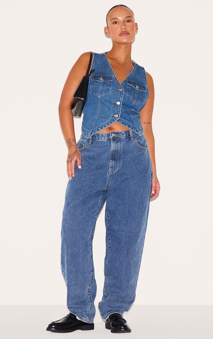 Plus Indigo Blue Wash Halterneck Button Front Denim Vest image 3