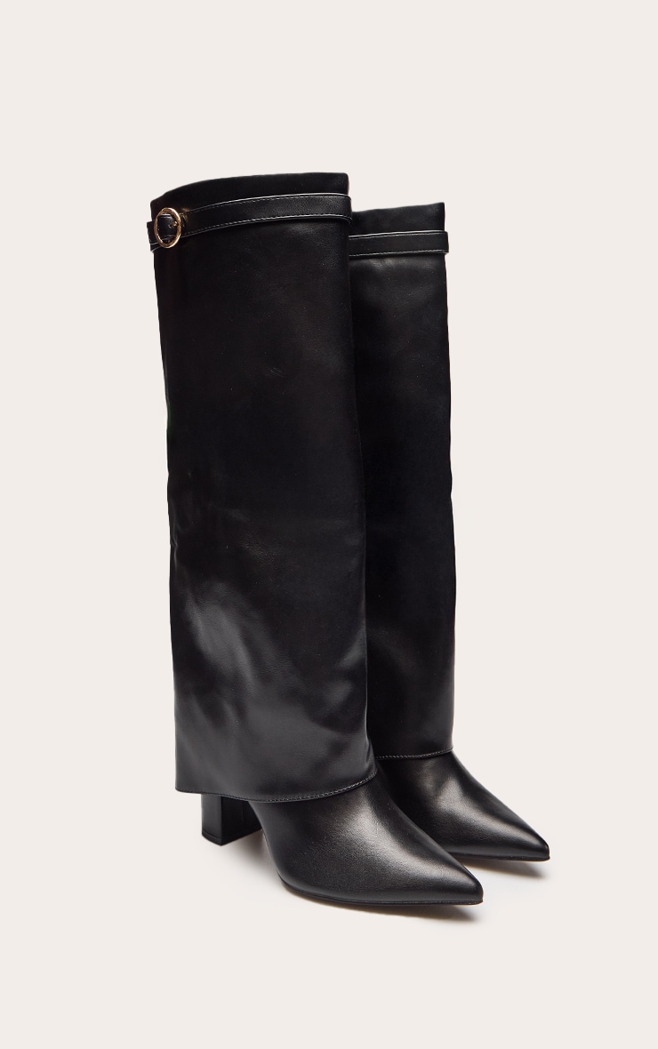 Black Faux Leather Block Heel Foldover Buckle Boot image 3