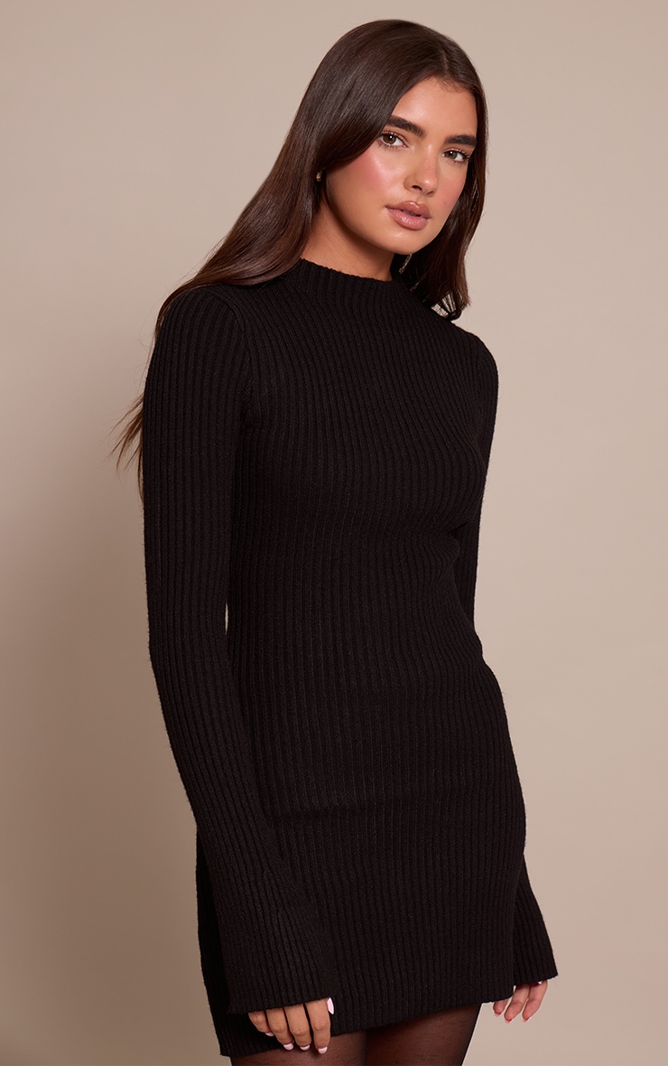 Black Rib Long Sleeve Knitted Mini Dress image 4