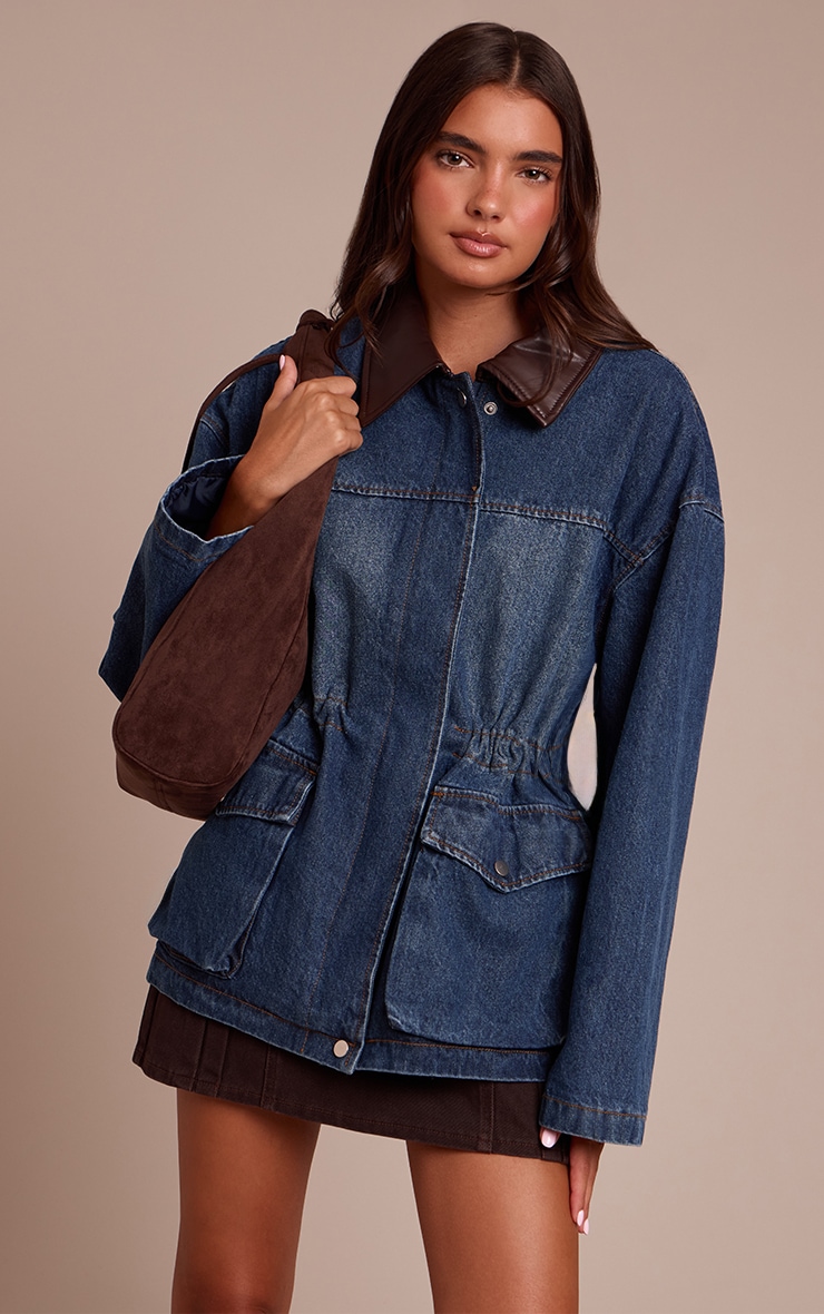 Dark Blue PU Contrast Collar Cinched Denim Jacket