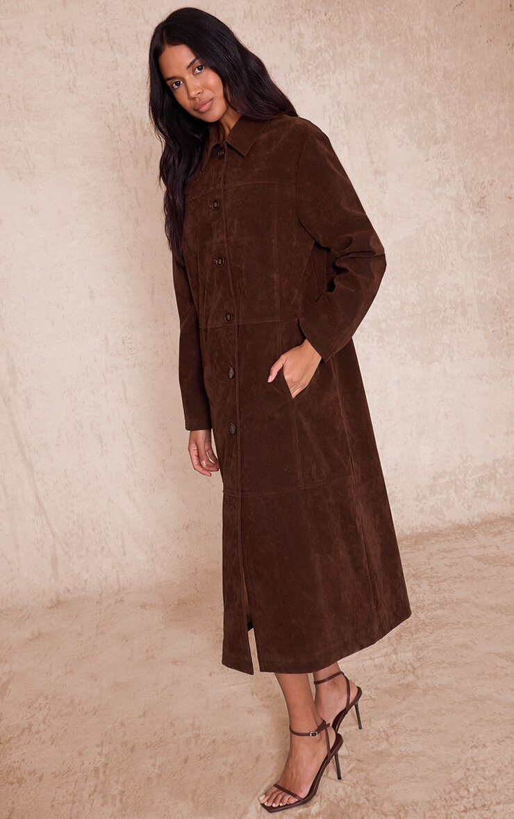 Chocolate Suede Longline Button Coat image 1