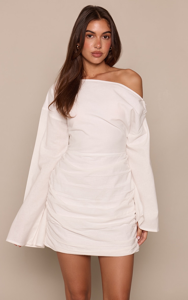 White Linen Look Boat Neck Ruched Bodycon Dress