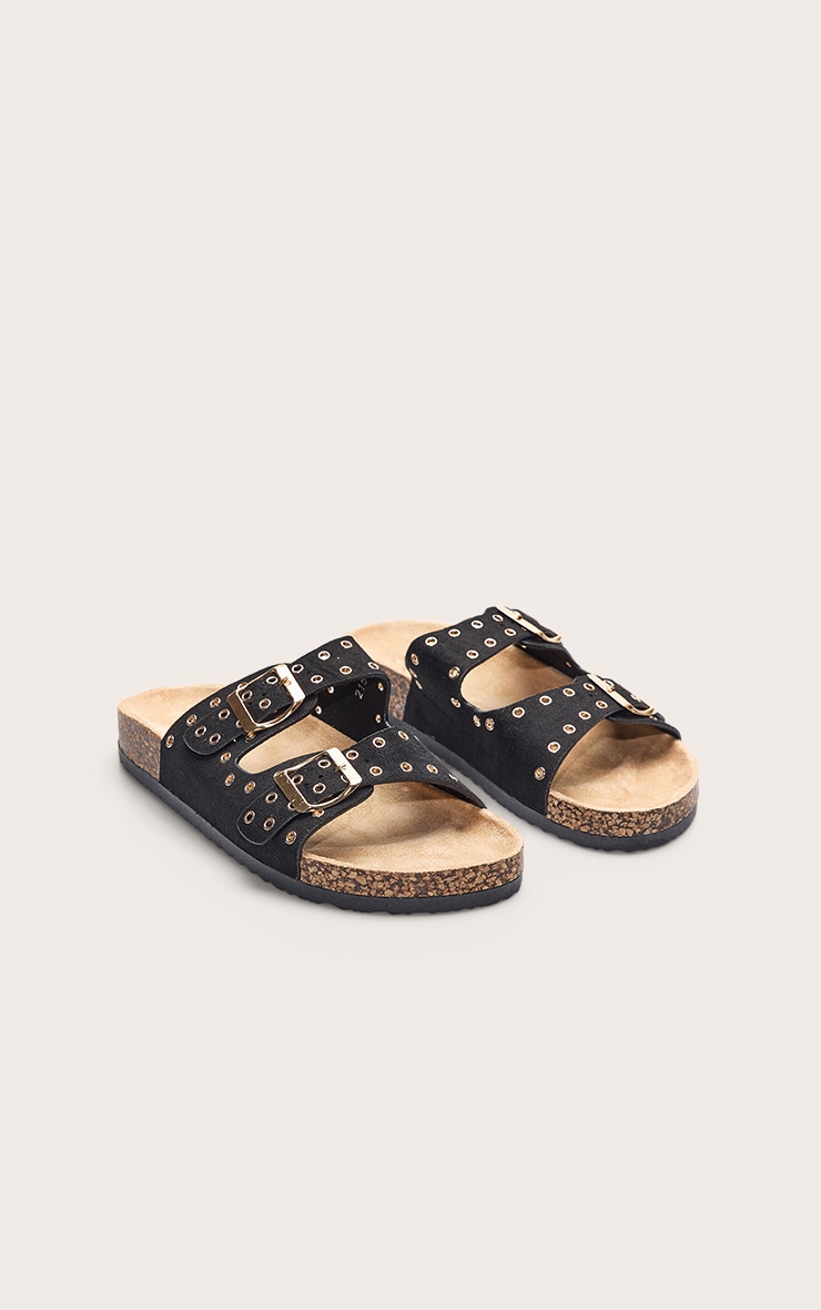 Black Faux Suede Double Buckle Eyelet Footbed Sandals image 5