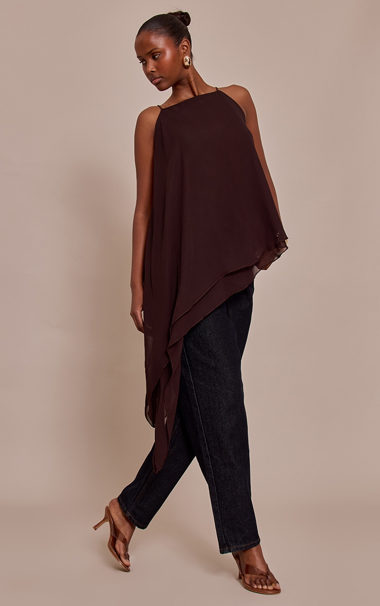 Chocolate Chiffon Strappy Asymmetric Longline Top image 3