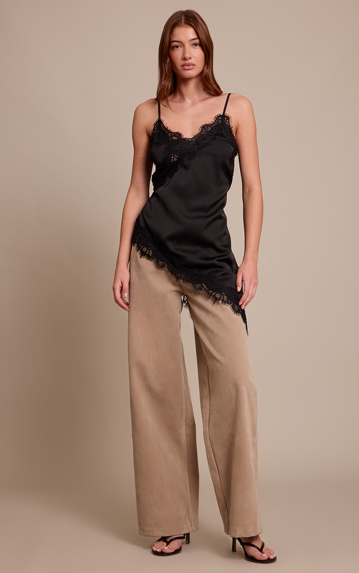 Black Satin Lace Detail Asymmetric Long Top image 3