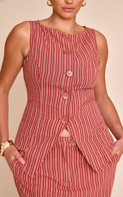 Plus Gilet en effet lin rouge rayé à col bateau et boutons