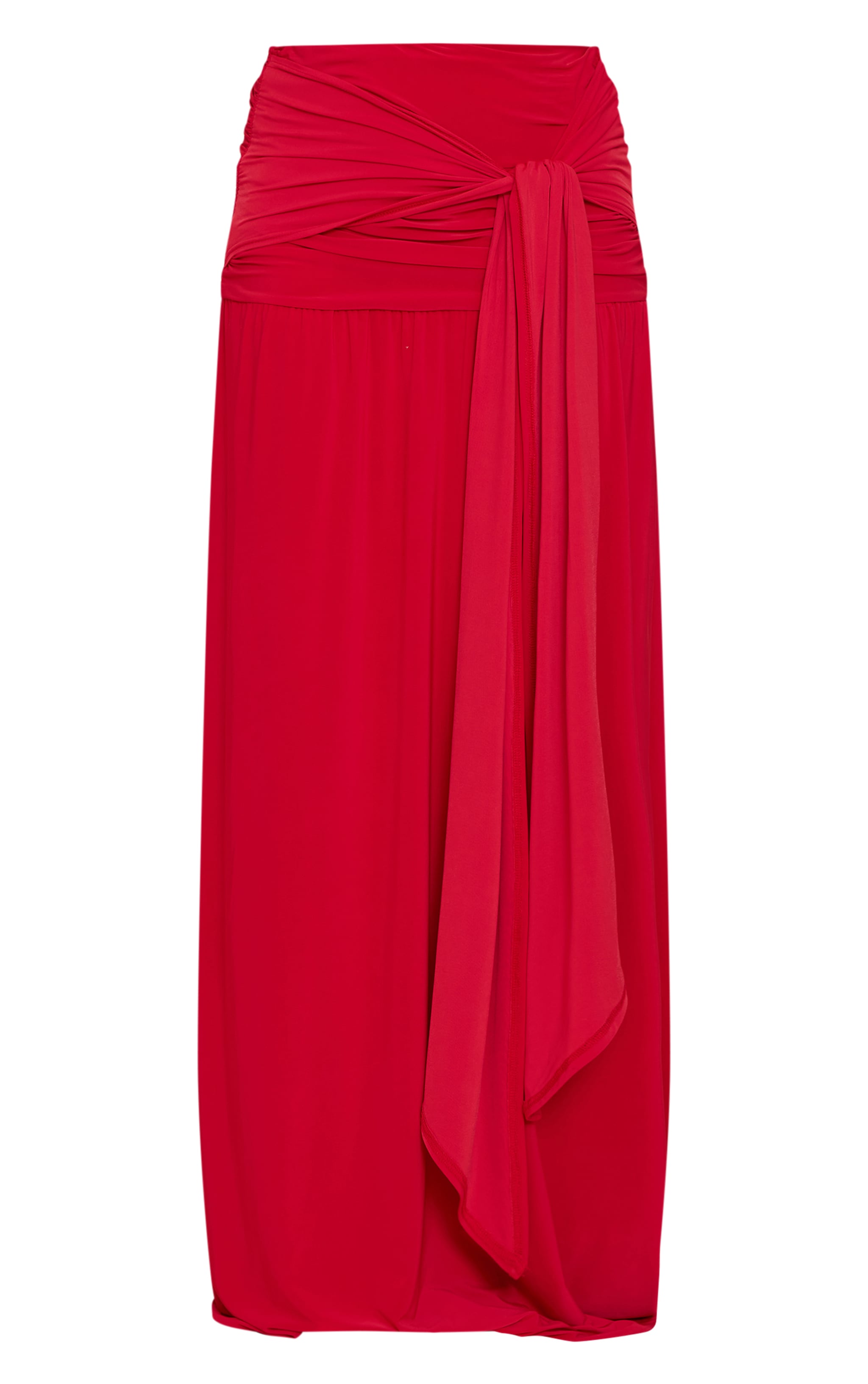 Tomato Red Double Layer Slinky Knot Drape Maxi Skirt image 5