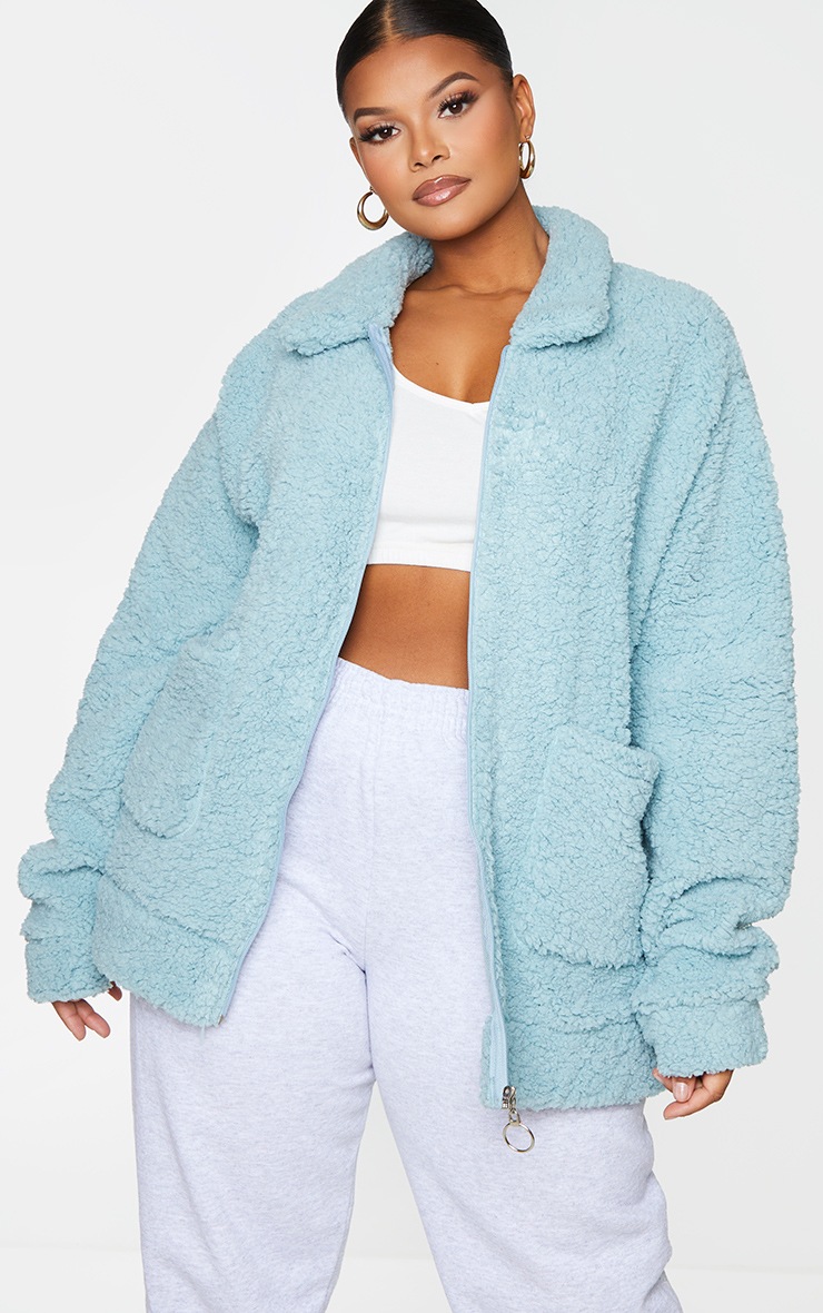 Plus Mint Teddy Pocket Front Oversized Jacket