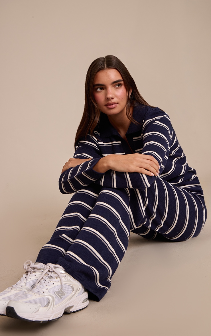 Navy Striped Knitted Trousers image 4