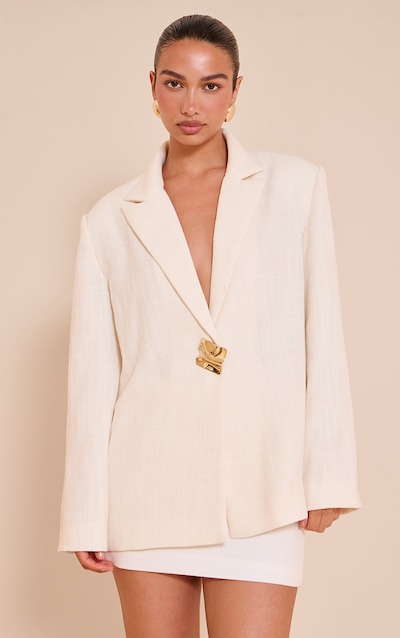 Cream Button Detail Linen Look Boxy Blazer