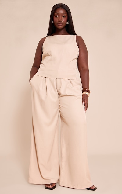 Plus Stone Woven Tailored Pleated Wide Leg Pants