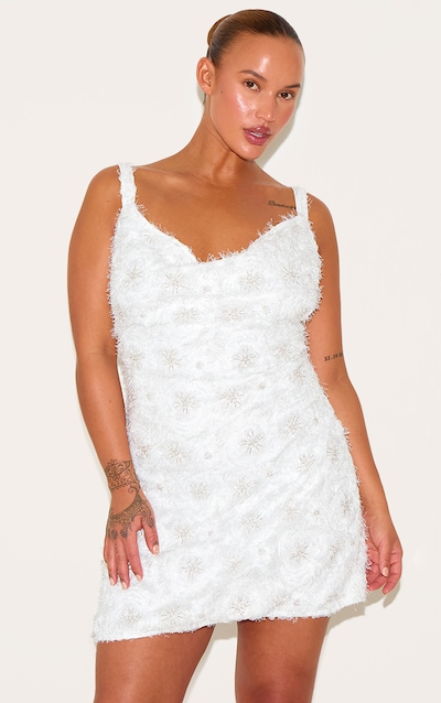 Premium Plus White Sequin Embroidered Cowl Neck Shift Dress
