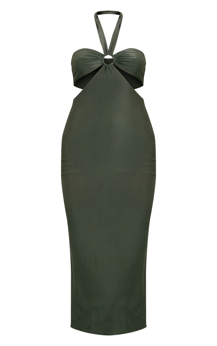 Khaki Slinky Cut Out Ring Halter Midaxi Dress image 5