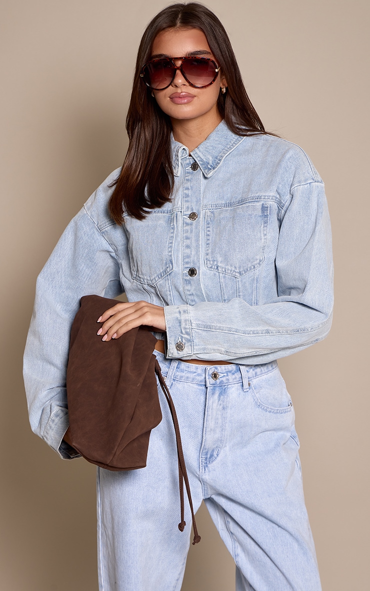  Light Blue Balloon Sleeve Cropped Denim Jacket image 1