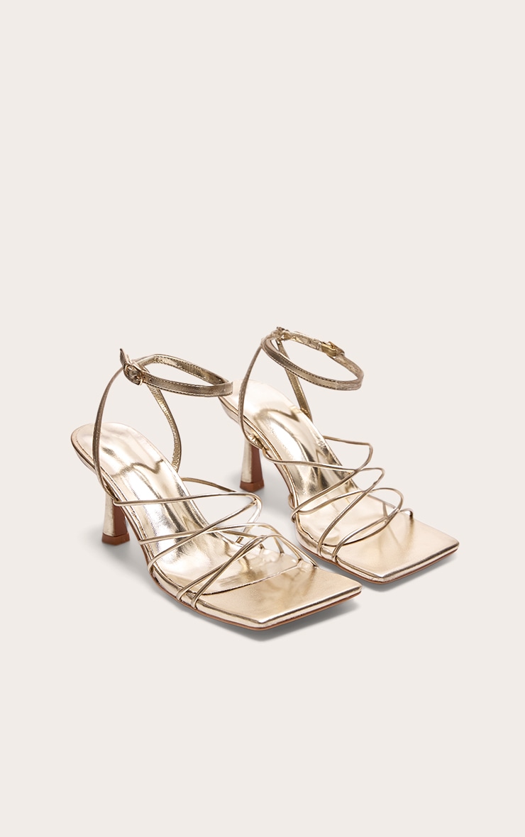 Gold PU Metallic Square Toe Cross Over Strappy Mid Heeled Sandals image 2