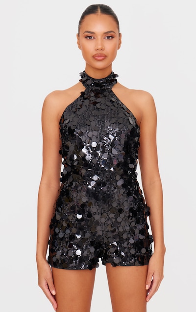 Black Oversized Sequin High Neck Backless Playsuit