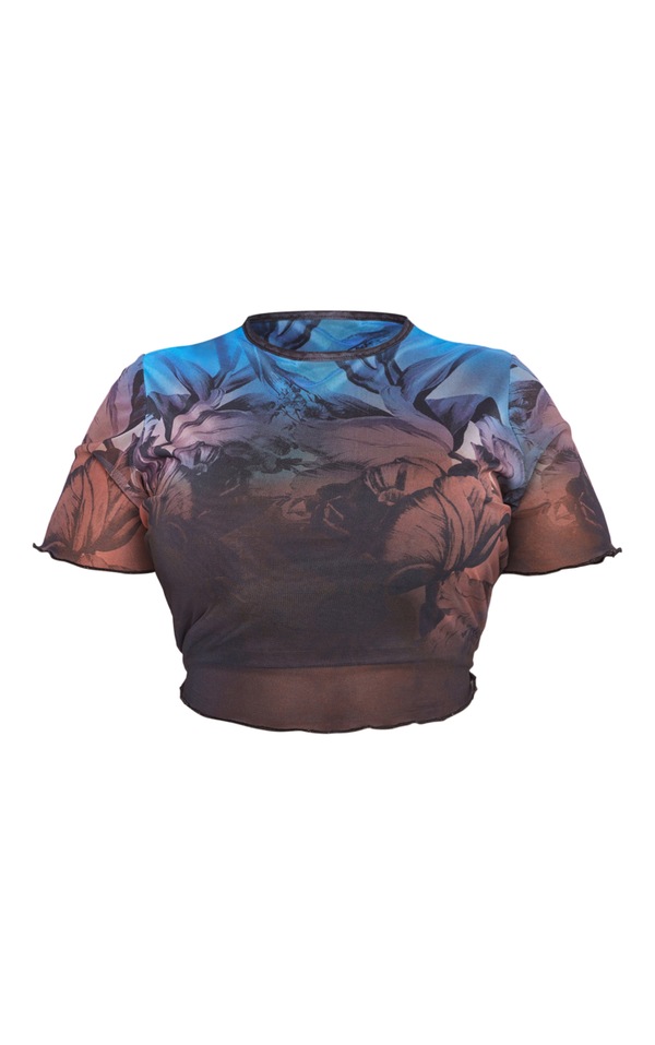 Plus Blue Floral Printed Lettuce Hem Mesh Top PrettyLittleThing