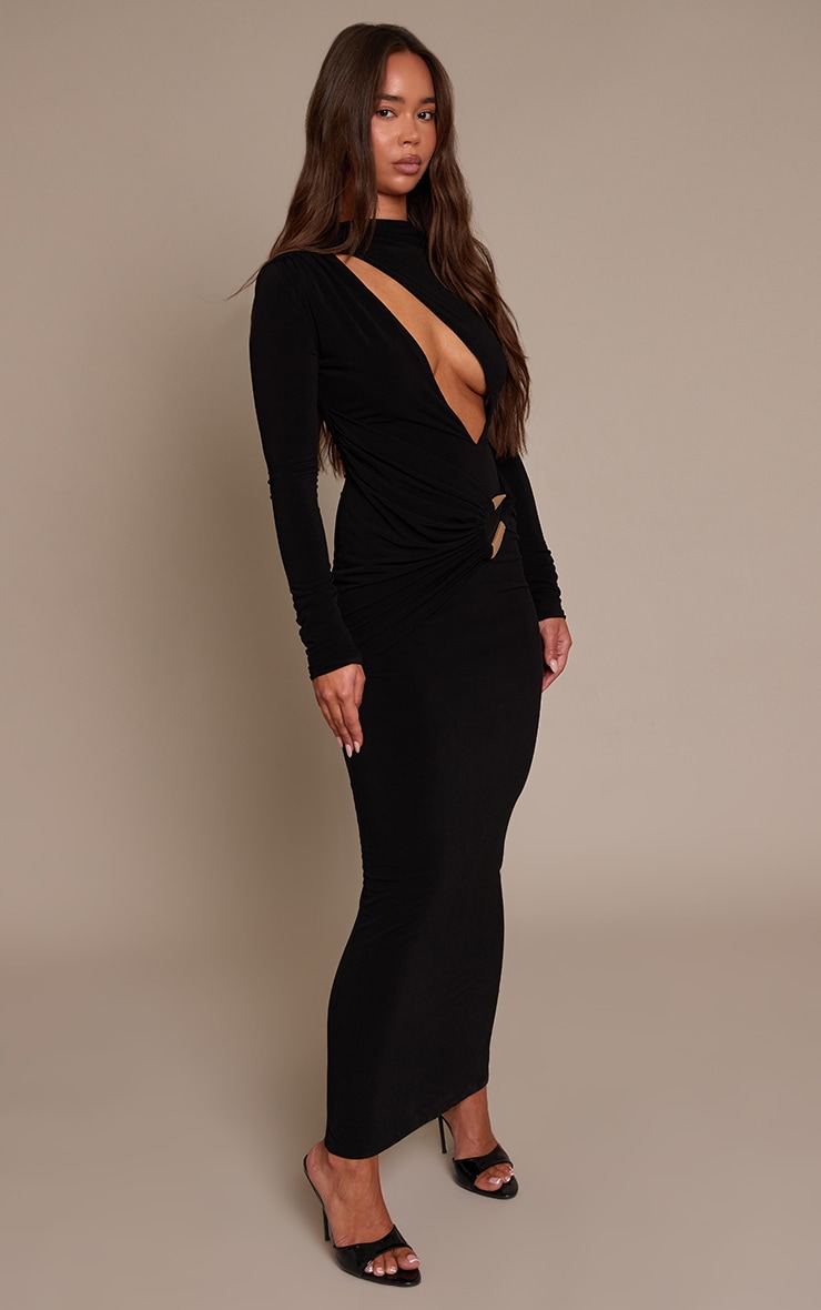 PLT Label Black Double Layer Slinky Trim Detail Asymmetric Plunge Maxi Dress image 3