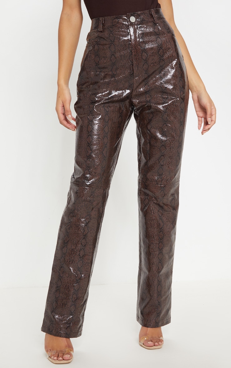 Brown Faux Leather Snakeskin Pants | PrettyLittleThing USA