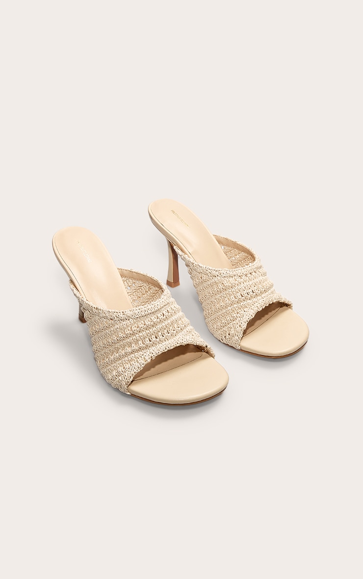 Mules rondes en PU crème à talon moyen et bride en maille style crochet image 2
