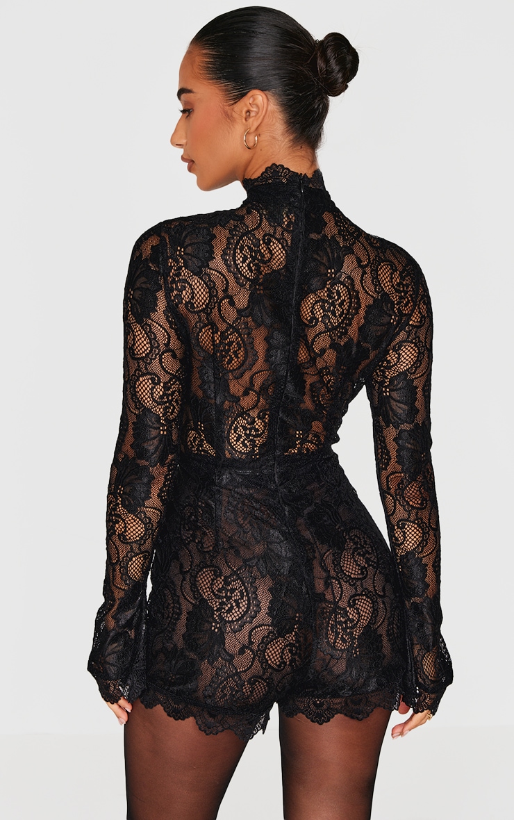 Petite Black Lace Long Sleeve Fitted Romper image 2