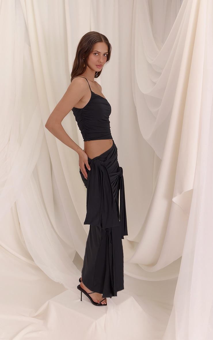 Black Slinky Jersey Knot Detail Cut Out One Shoulder Maxi Dress image 3