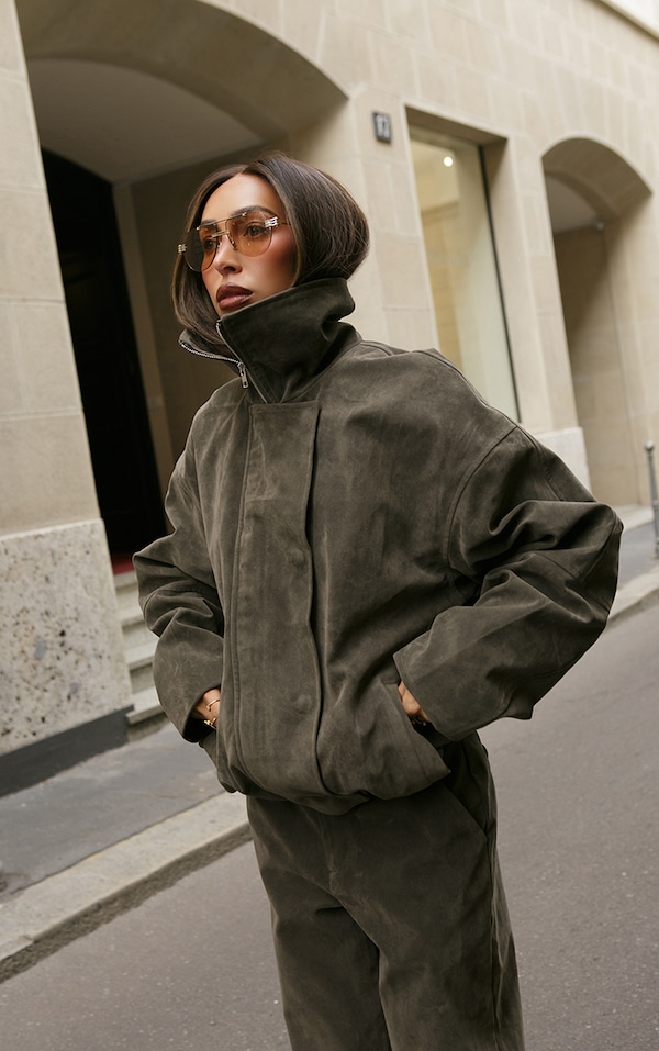 Blouson motard en suédine kaki
