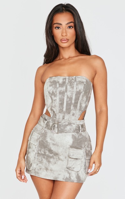 Petite Grey Washed Cargo Mini Dress