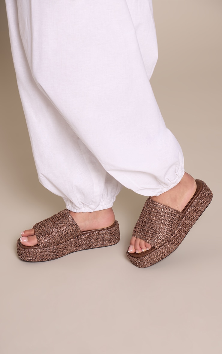Chocolate Raffia Flatform Mule Sandals
