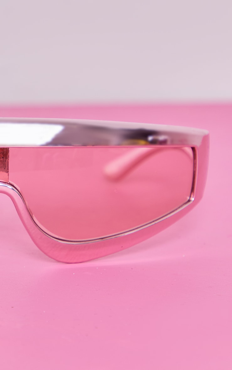 Pink Curved Metallic Frame Visor Sunglasses image 2