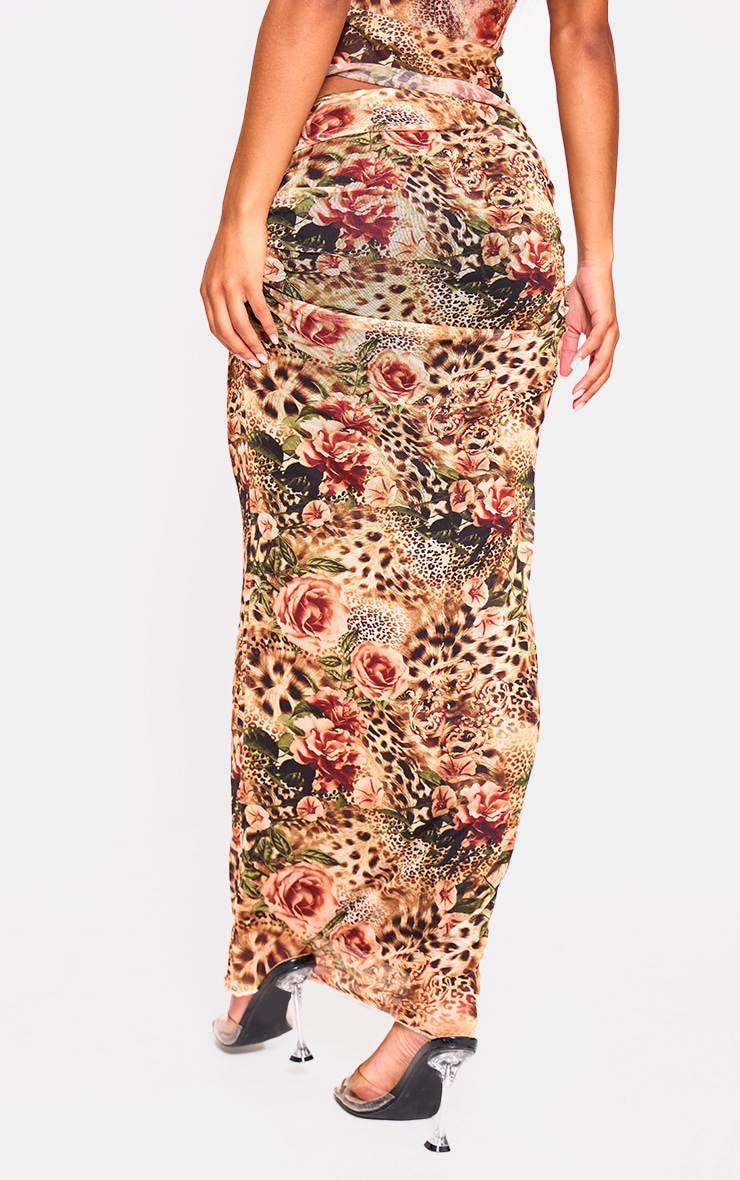 Brown Leopard Printed Mesh Ruched Maxi Skirt image 3