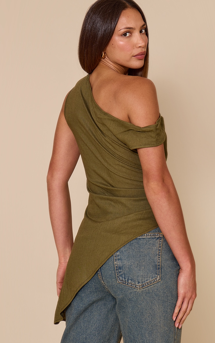 Tall Khaki Lightweight Woven One Shoulder Asymmetric Top image 2