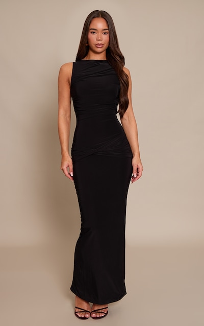 Black Slinky Ruched Wrap Maxi Dress