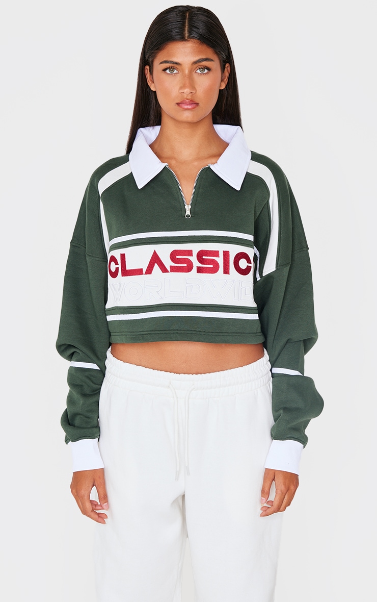 Forest Green Classics Embroidered Half Zip Cropped Sweatshirt image 3