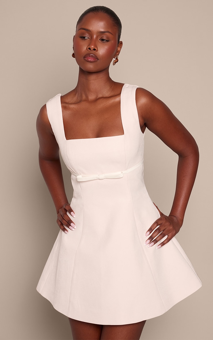 Premium Cream Woven Belt Detail Shift Dress