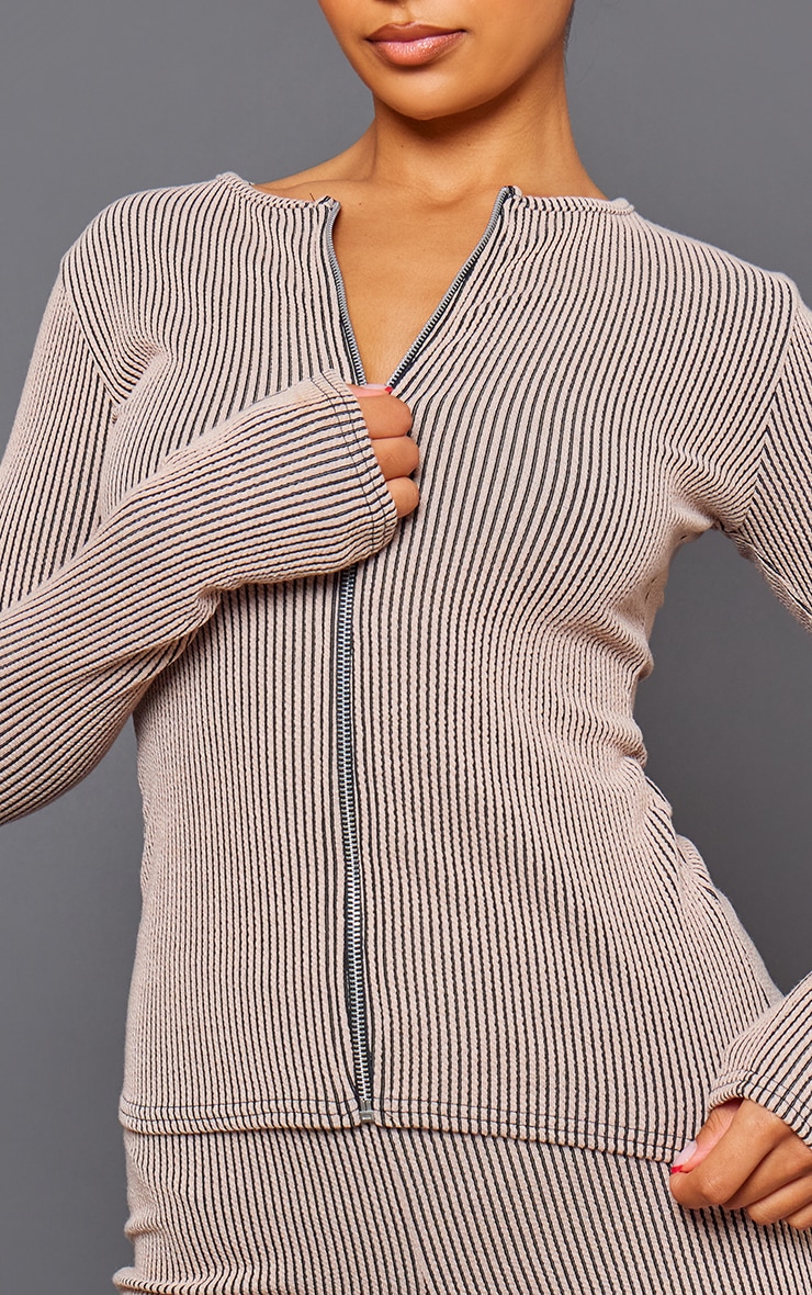 Mocha Two Tone Rib Longline Zip Up Top | Co-ords