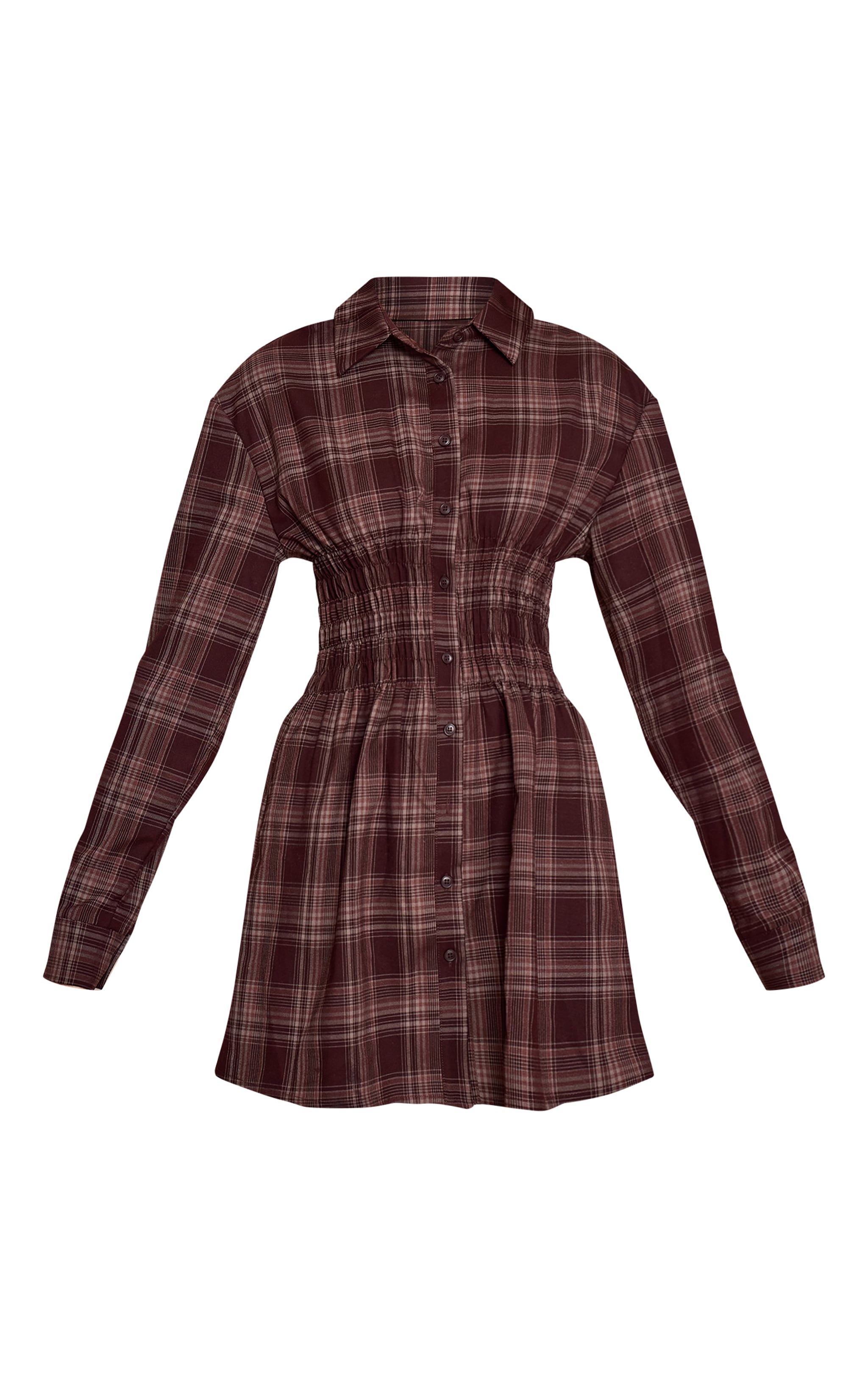 Brown Check Cinched Waist Long Sleeve Shirt Dress image 5