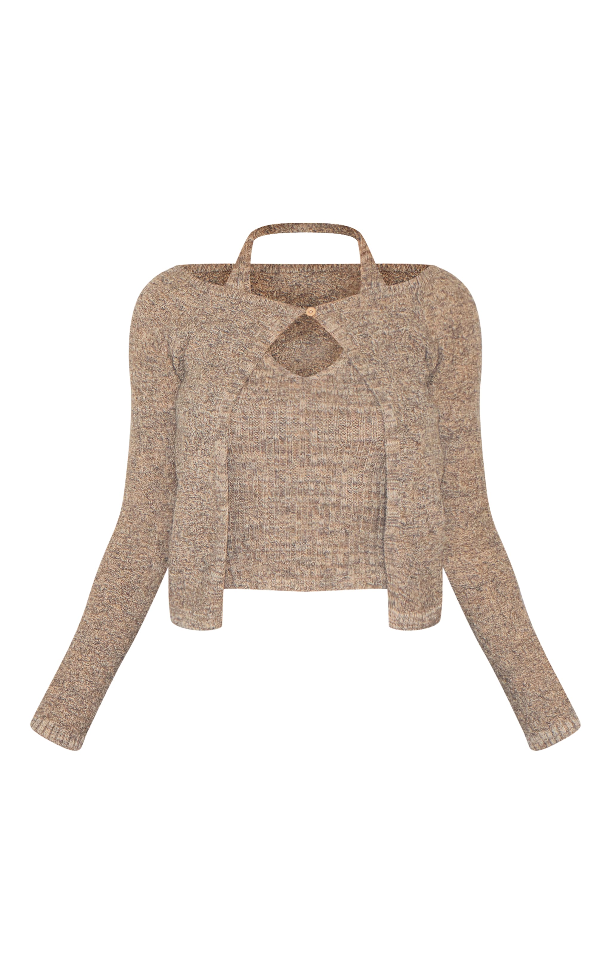 Oatmeal Layered Cold Shoulder Basic Knit Top image 5