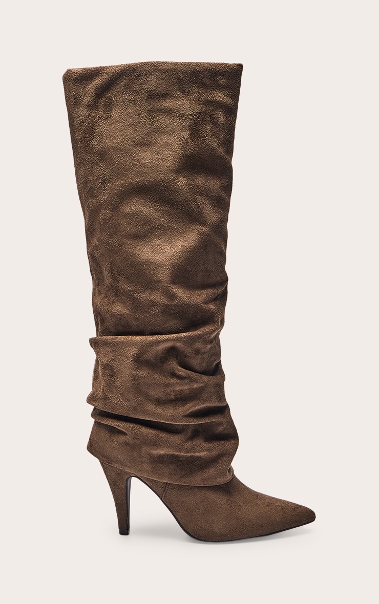 Olive Faux Suede Ruched Fold Over Knee High Boots image 2